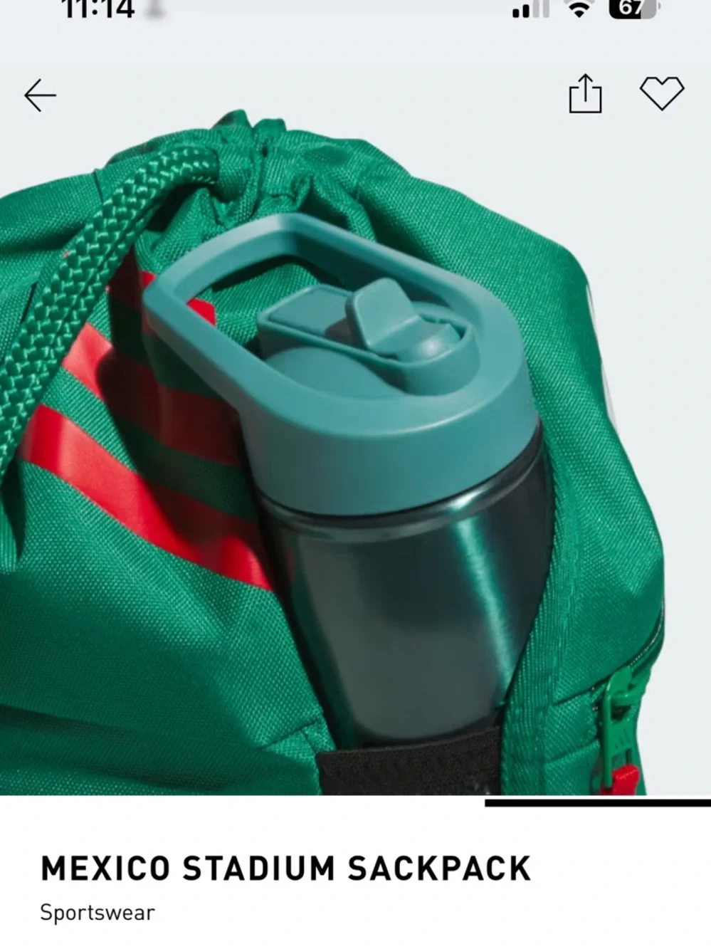 NWTS Adidas Mexico Stadium Sackpack in green with red stripes on the top